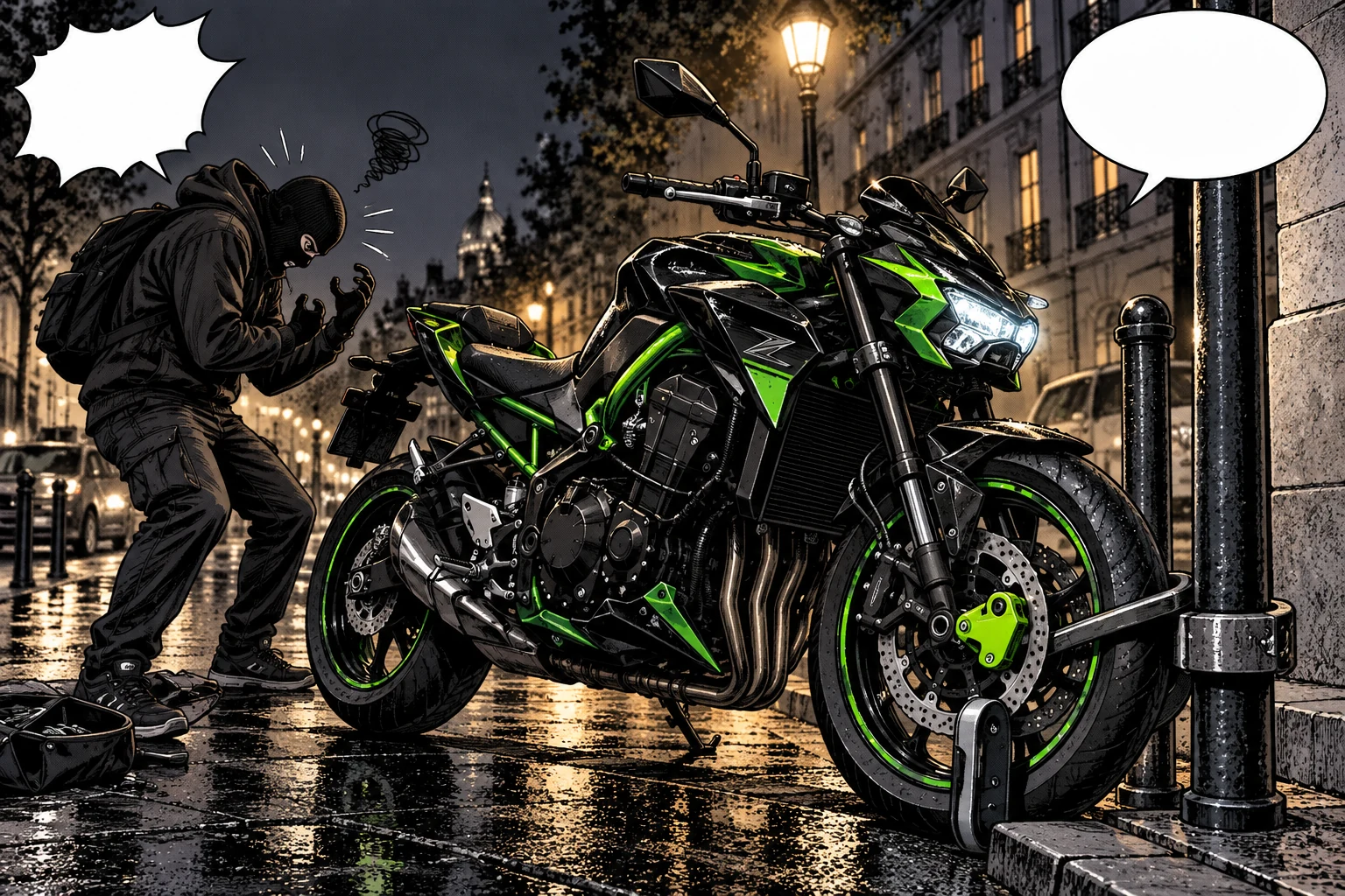 Scène manga montrant une tentative de vol déjouée sur une moto noire et verte protégée