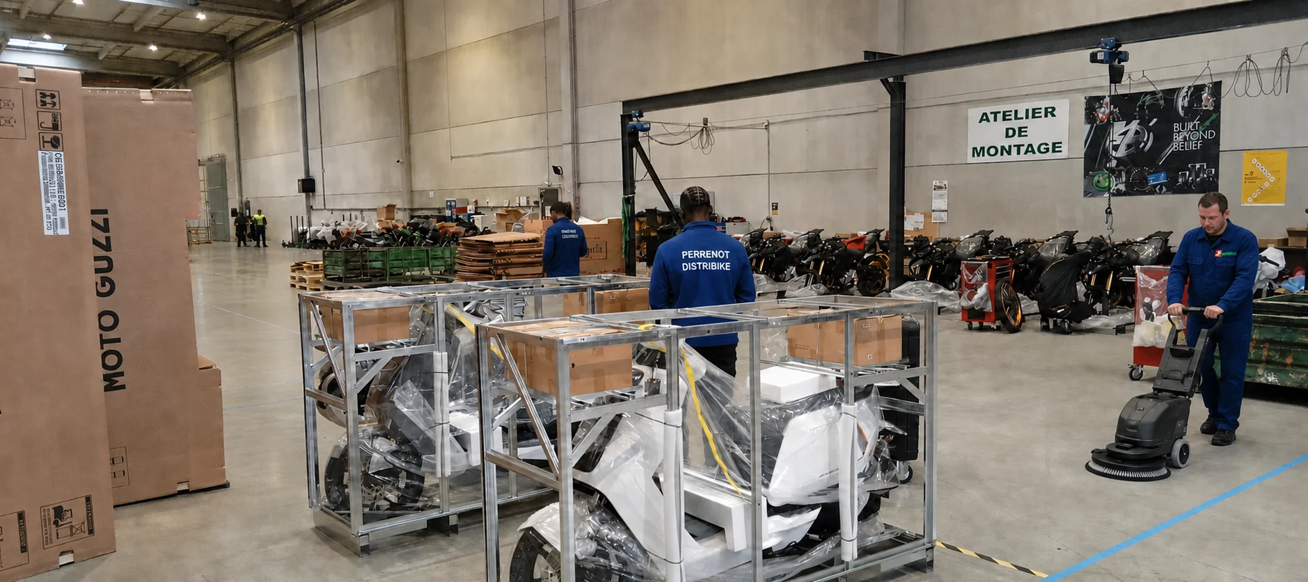 Équipes JP Distribike au travail dans le dépôt, avec les opérateurs detailing installés près de la porte coupe-feu