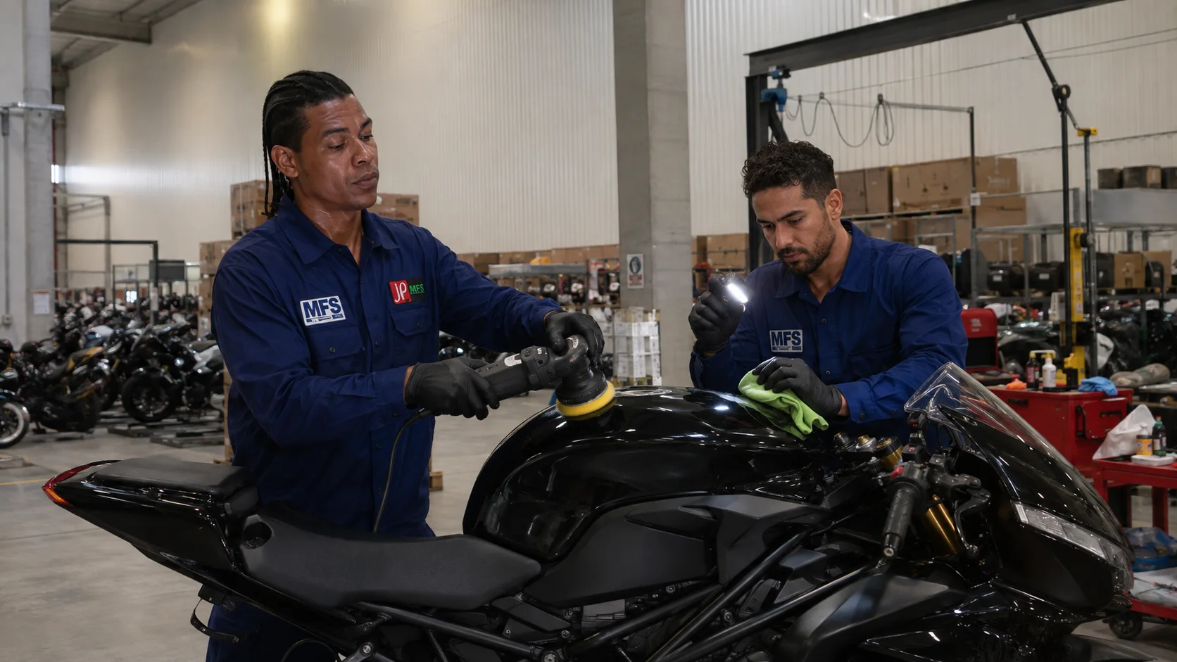 Deux techniciens MFS et Distribike réalisent un polissage contrôlé sur une moto noire dans l’atelier