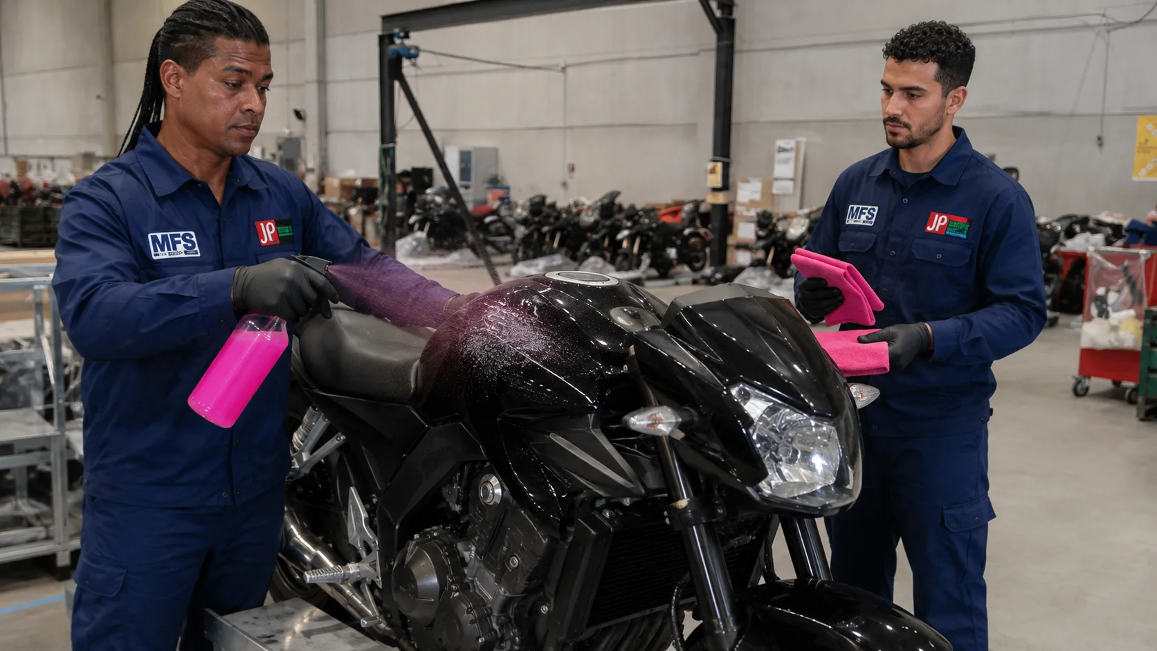 Technicien appliquant un nettoyant moto rose après le soufflage pendant que son équipier prépare les microfibres