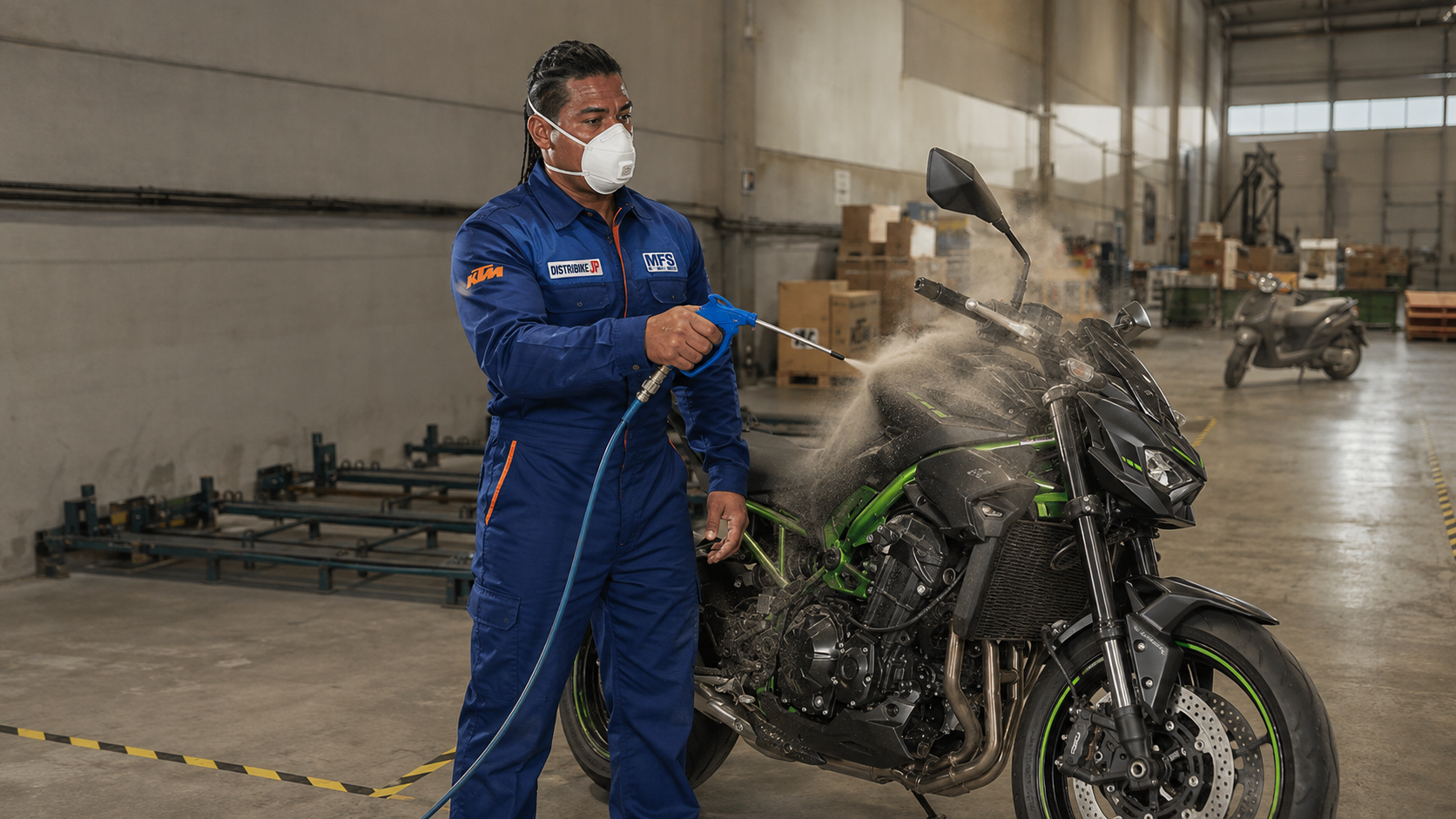 Technicien en tenue bleue et masque retirant à la soufflette une forte couche de poussière sur une moto dans le dépôt
