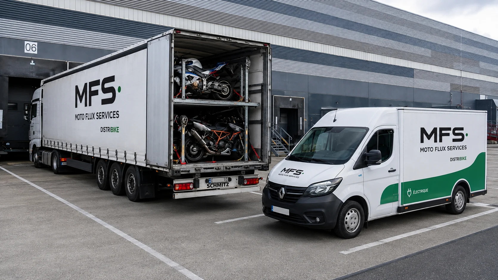 Arrière ouvert d’une remorque moto double étage MFS avec véhicule léger électrique Distribike séparé